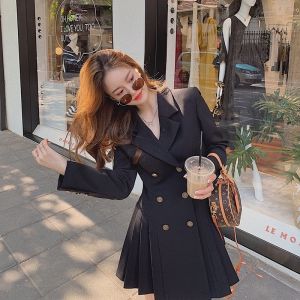 plus Size Womens Spring New Style Suit Dress Slimming Belly Cover Hepburn Style Little Black Dress Korean Version High Waist Long Sleeve