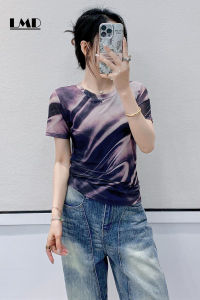 LMD 2025 Summer New simple round-neck pull-neck fashionable elastic mesh T-shirt for women Korean style retro gradient striped printed short-sleeved casual and elegant blouse