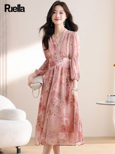 Puella | Elegant Womens Style Tea Break Dress Slimming Waist Gathered Sleeves Floral Print Dress