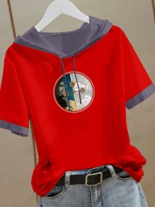 Trendy Hooded Short Sleeve Womens T-shirt Loose Fit Summer New Style Cotton Base Shirt Creative Pattern Floral Print Casual Wear