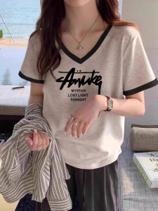 Áo Thun Cotton Cổ Chữ V Tay Ngắn Dáng Rộng Thoải Mái Mùa Hè Cho Nữ Cỡ Lớn Ôm Vừa Vặn Thời Trang