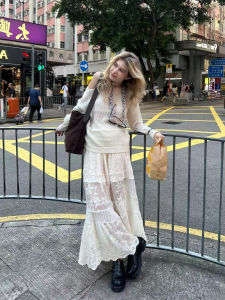 High Waist Lace Hollow out A-Line Skirt Womens Midi Skirt Floral Design Milk Soup Color Tagkita Brand Commute Style Long Skirt