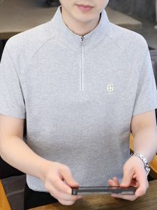 HENGYUANXIANG | Hengyuanxiang Mens Casual Short Sleeve T-Shirt Thin Half Zipper Summer Simple Fashionable Printed Breathable Standard Fit Cotton Polyester