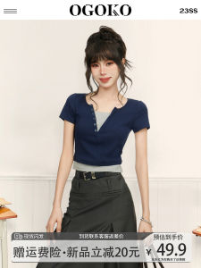 Indigo Knitted Short Sleeve T-Shirt Womens Summer Slim Fit Pure Cotton Commute Style Korean Version Fake Two-Piece Top