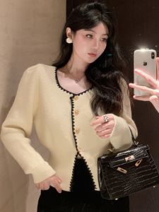 GUZILIAN | Elegant Knitted Open Cardigan Womens Autumn Winter French Style High Fashion Hook Edge Gold Button Long Sleeve Gentle Sweet Top