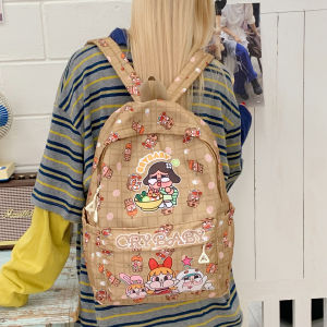 Cartoon Print Womens Backpack Lightweight Versatile Student Bookbag Commuter Travel Bag Square Shape Zipper Closure