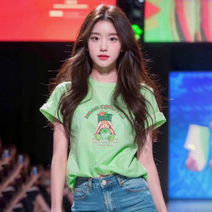 Loose Fit round Neck Short Sleeve Pure Cotton Womens T-shirt Korean Style Casual Wear Summer Green Color Dream Harmony Brand