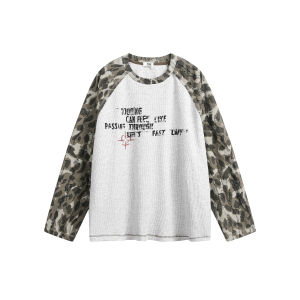 HTYM American Retro Camouflage Long Sleeve T-Shirt Womens Loose Street Style Casual Versatile Top Trendy Shoulder Insertion