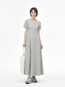 Design Sense Simple Gray Short Sleeve Large Skirt Hemline Womens Mid-long Dress