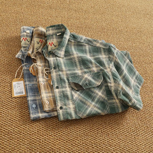 Summer New Retro Japanese Style Pure Cotton Washed Mens Loose Casual Plaid Collared Short Sleeve Workwear Shirt