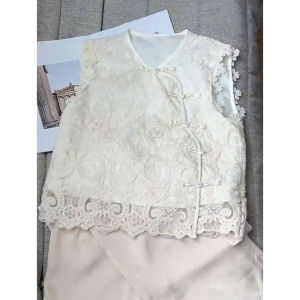 New Chinese Style Sleeveless Shirt Women Summer New Lace Heavy Embroidery Jacket Vest Shoulder Top round Neck Short Sleeve