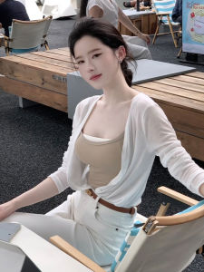 French Knitted Ice Silk Sun Protection Cardigan Womens Summer Thin Strap Dresses Outer Shirt Shoulder Shawl Top Commute Style