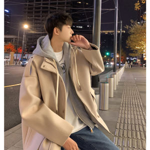 Mens Winter Fashion Coat Hooded Mid-Length Thickened Casual Outerwear Youth Pop Style Couple Match Loose Fit Polyester Fiber