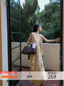 Summer New Chinese Style Long Sleeveless Vest Dress Womens Irregular Print Loose Waist V-neck H-type Fashion Commute Dress