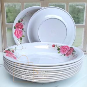 Piring Makan Bulat Cekung 9 Inch Bahan Melamin Asli 12 PCS Piring Mewah