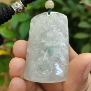 High Quality Good Translucent Light Green with Green Patches Crafted with Scenery Natural Type A Jadeite Jade as Pendant certificate weighs 26.66 grams measurement 48.1 * 28 * 11.8 (pendant313)