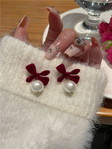 Red Velvet Butterfly Knot Pearl Earrings Womens Unique Design High-End Feelings Elegant Ear Jewelry Fashionable Accessories