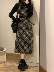 Váy Sơ Mi Nữ Cổ Điển Kẻ Caro SOOSLU Hai Mảnh Mùa Xuân Thu Đông Mới Màu Đen Áo Lót Bên Trong Bộ Sưu Tập Mùa Đông 2024