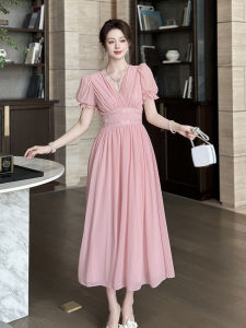 Pink Chiffon High Waist V-Neck Long Dress Womens Summer Fashion Elegant French Style Short Sleeve Zipper Closure Dress