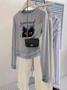 Áo Thun Dài Tay Ôm Vừa Vặn Cho Nữ Mùa Xuân Thu Tay Dài Cổ Tròn in Họa Tiết Hoạt Hình Thiết Kế Hai Mảnh Giả Kẻ Sọc Nối Dài