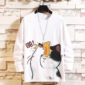 Autumn Casual Long Sleeve T-Shirt Creative Anime Cat Print Student Top Loose Fit Polyester Polyester Blend round Neck T-Shirt