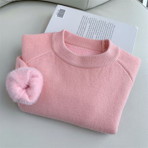 Girls High Collar Knitted Sweater Thickened Integrated Velvet Autumn Winter New Style Fashionable Childrens Long Sleeve Top