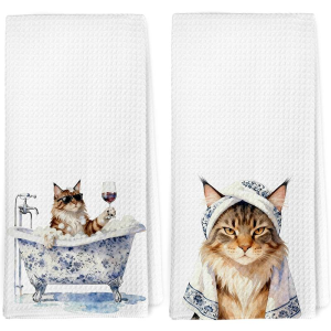 2-Pack Maine  Cat Blue and White Porcelain Themed Printed Kitchen Towels Dish Towels Hand Towels Kitchen Decorative Towels Neighbor Gifts Sweet Housewarming Gifts for Friends Mom Gifts Friend Birthday Gifts
