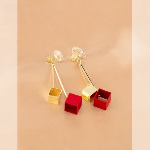 2024 New Arrival Trendy Red Hollow Square Long Earrings Fashion All-Matching Mosquito Coil Non-Piercing Ear Clip Women