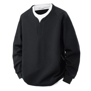 Spring and Autumn New Men Henley Neck T Shirt Long Sleeve Casual Solid Color T-Shirt Fashion Waffle Fake Two-Piece Sweatshirts