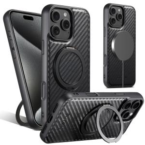 Carbon Fiber Pattern Gear Rotating Ring Buckle Phone Case for iPhone 16 pro Max Magnetic Absorption Charging Silicone Protective Cover Stand
