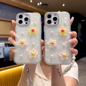3D Paste Colorful Flower Shell Pattern IMD Hard Case for iPhone 11 12 13 14 15 16 17 Pro Max Plus Air Casing Comes with Pearl Pendant Anti-Fall Cover for iPhone 17 Case