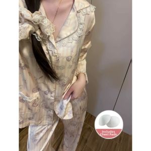 Cute Cartoon Turn-down Collar Icy Silk Pajama Set With Pad Short Sleeve