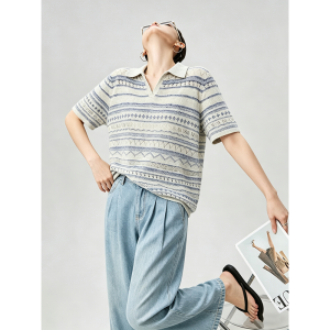 GULILI | Stripe Color-block Polo-collar Knitted T-Shirt