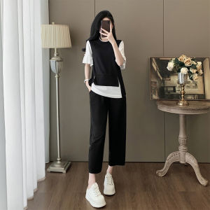 Shalldoer | Fashionable Casual Set Women Summer Trendy Anti-Aging Two-Piece Color Block Short Sleeve T-Shirt Eighteen Pants Two-Piece Set