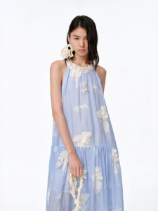 XIAOLI | Resort Style Blue Ramie Inlayed Halter Dress