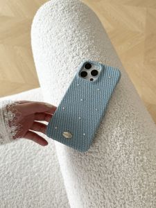 Handmade Leather Crystal Diamond Texture Protective Phone Case for iPhone 16 pro Max Apple 15 pro 14 pro Denim Blue Original Design