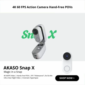 AKASO Snap X - Action Camera | 4K 60FPS Video | Hands-Free POVs | IPX 7 Waterproof | 8x Slo-Mo | Ultra-Clear Night Video