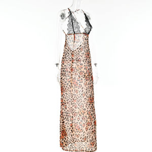 ชุดเดรสยาวสายเดี่ยวพิมพ์ลายลูกไม้เซ็กซี่ ZONE ฤดูใบไม้ร่วง ชุดเดรสยาวคอวีลึก ชุดเดรสยาวผ้าโพลีเอสเตอร์เอวสูง