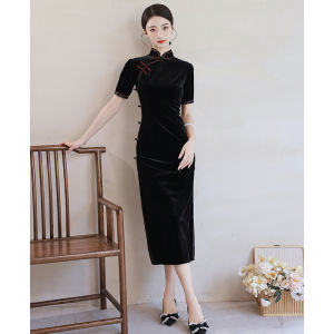Elegant Long Silk Velvet Cheongsam Womens Traditional Chinese Style Simple And Slimming Daily Performance Show off Black