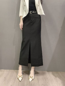 High Waist A-Line Skirt Black Suiting Fabric Womens Fashion Spring Summer New Style Long Elegant Split Midi Skirt