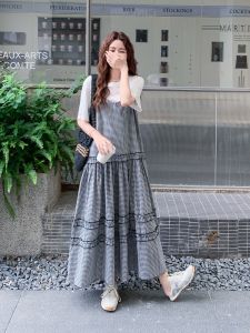 YINLUOYA | French Plaid Strap Dress Womens Trendy Summer 2025 Loose T-Shirt Two-Piece Set Round Neck Short Sleeve Casual Elegant Dress