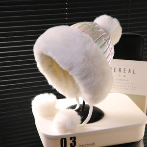 Sweet Cute Knitted Furry Lei Feng Cap Winter Ear Protection Ball Ball Tied Knit Hat Womens Style Comfortable Warm round Top