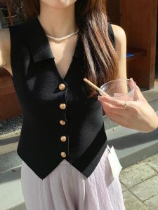 Ice Silk Knit Vest Top Womens Lightweight Summer Outerwear with Polo Collar and Button Details Pure Color Short Length