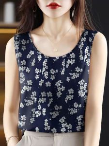 Womens Strap Vest Summer New Loose Sleeveless Silk Ice Base Shirt Print Casual Outerwear Top Fashionable Commute Style