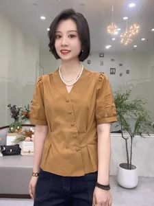 Casual Pure Color V-neck Embroidered Satin Short Sleeve Shirt Versatile Large Size Top Korean Style Loose Fit Button Detail