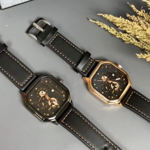 Jam Tangan Pria Kuarsa Dial Persegi–Dual Display Tali Kulit PU By Leggio