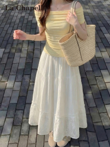 La Chapelle | Lace White Summer A-line High Waist Midi Dress