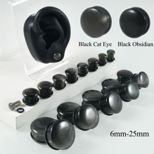 1Pai Black Obsidian Stone Single Flared Ear Plug Polished Convex Surface Solid Cat Eye Ear Expander Gauge Piercing Jewelry 2G-1"