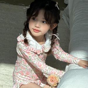 Princess Long Sleeve Lace Swimming Suit Floral Print Girls Swimwear Korean Style Sweet Female Childrens New Model Spring Summer