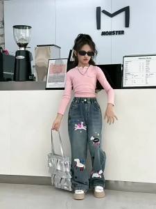 New Pants for Kids Girls 7-16years Teens Print Jeans New Fashion Straight Leg Jeans Denim Jeans Loose Jeans Wide Leg Trousers Baggy Pants Summer Embroided Design